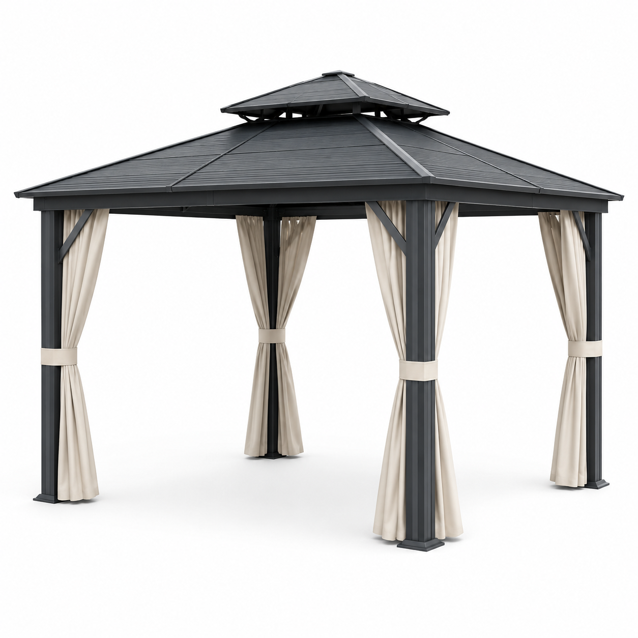 Pavillon de jardin en aluminium avec toit en acier et rideaux en polyester 3x3m