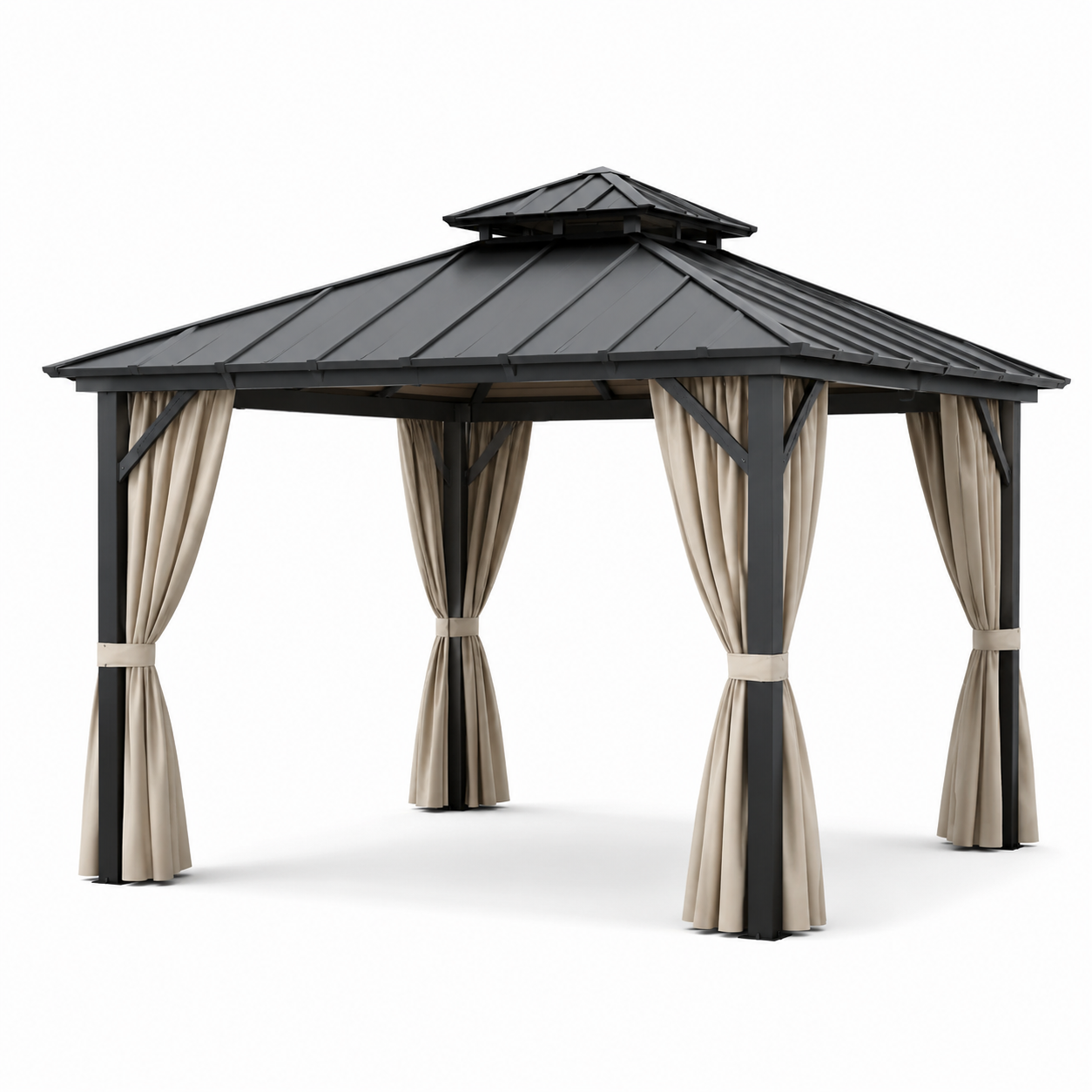 Pavillon de jardin en métal avec rideaux en polyester beige