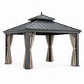 Pavillon de jardin en aluminium avec toit en acier et rideaux en polyester beige