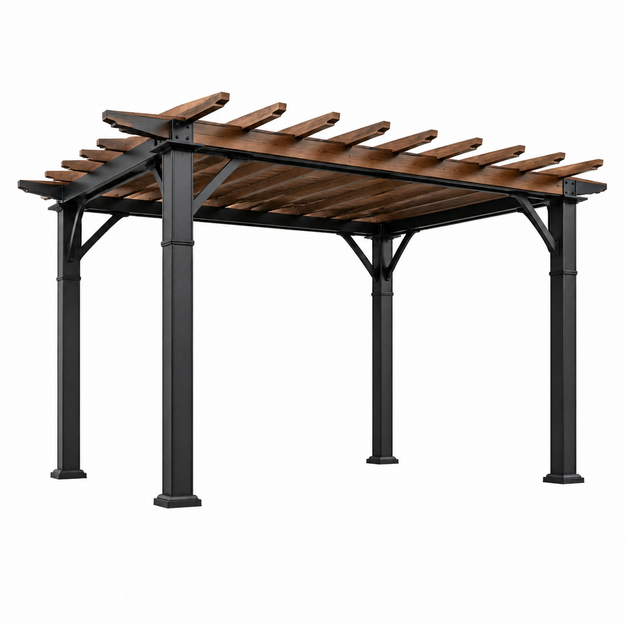 Pergola en bois et métal noir avec structure en acier et lames en pin