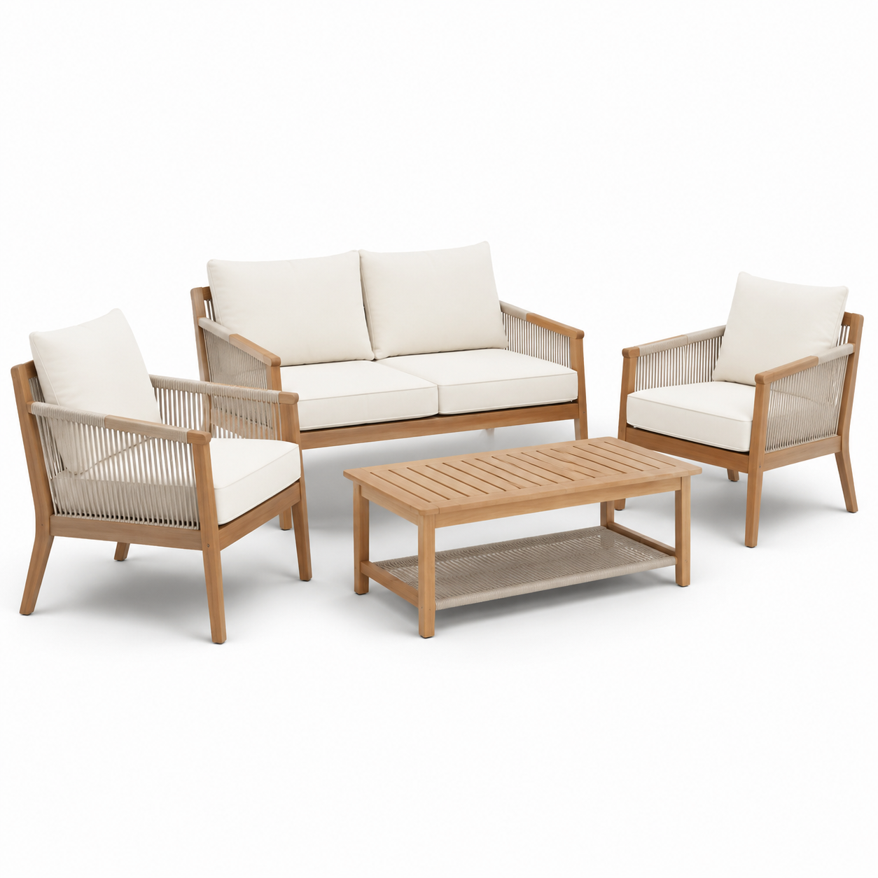 Ensemble de salon de jardin en bois et corde avec coussins beige