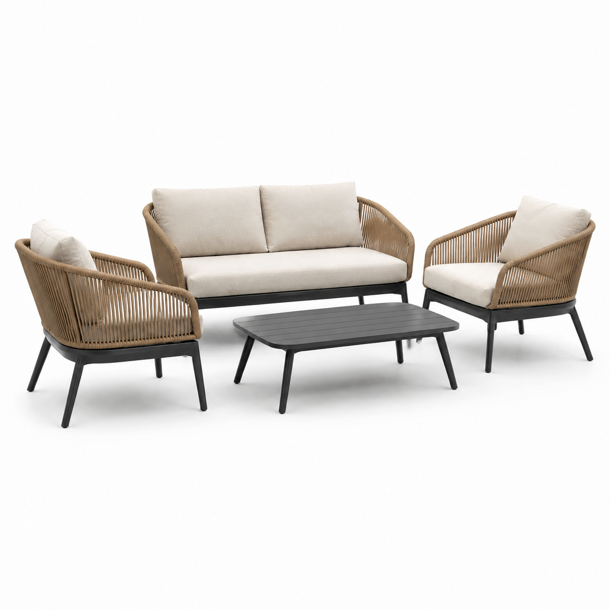 Ensemble de Mobilier de Jardin en Aluminium et Corde Beige/Noir