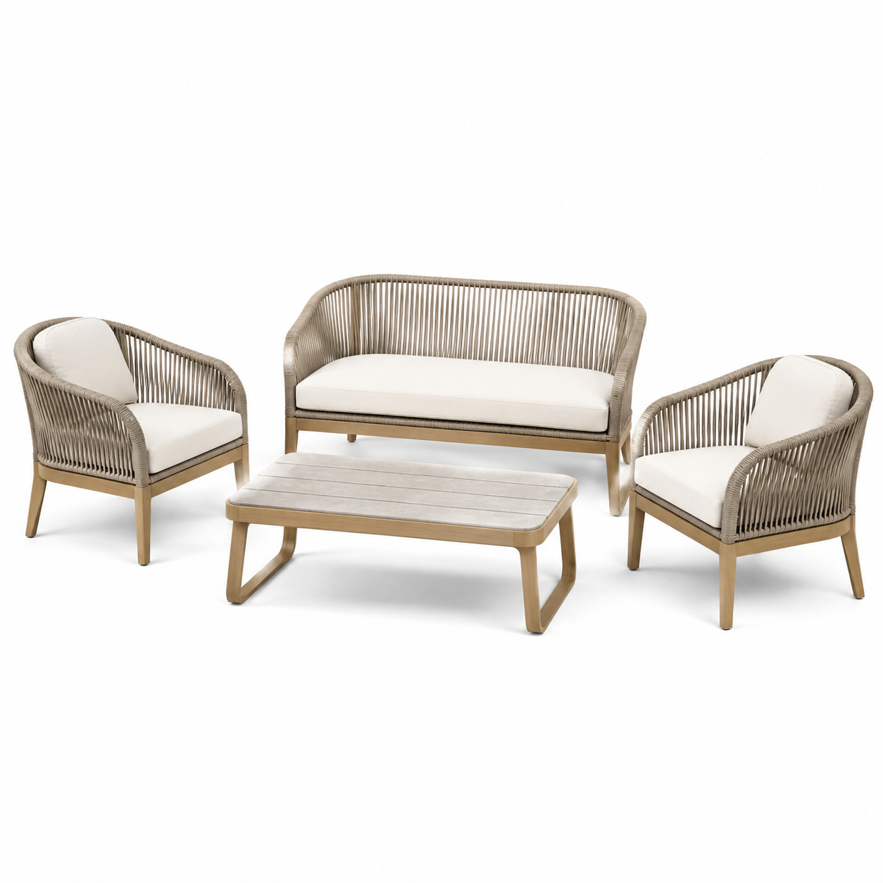 Ensemble de salon de jardin en bois et corde - Beige