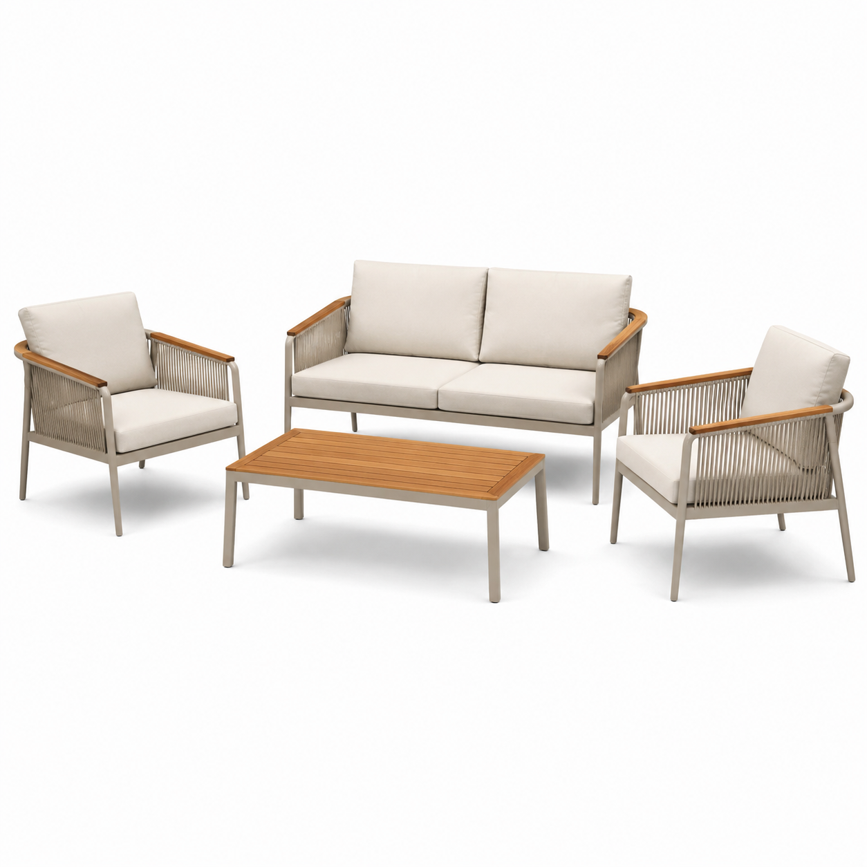 Ensemble de jardin en métal et teck avec coussins beige