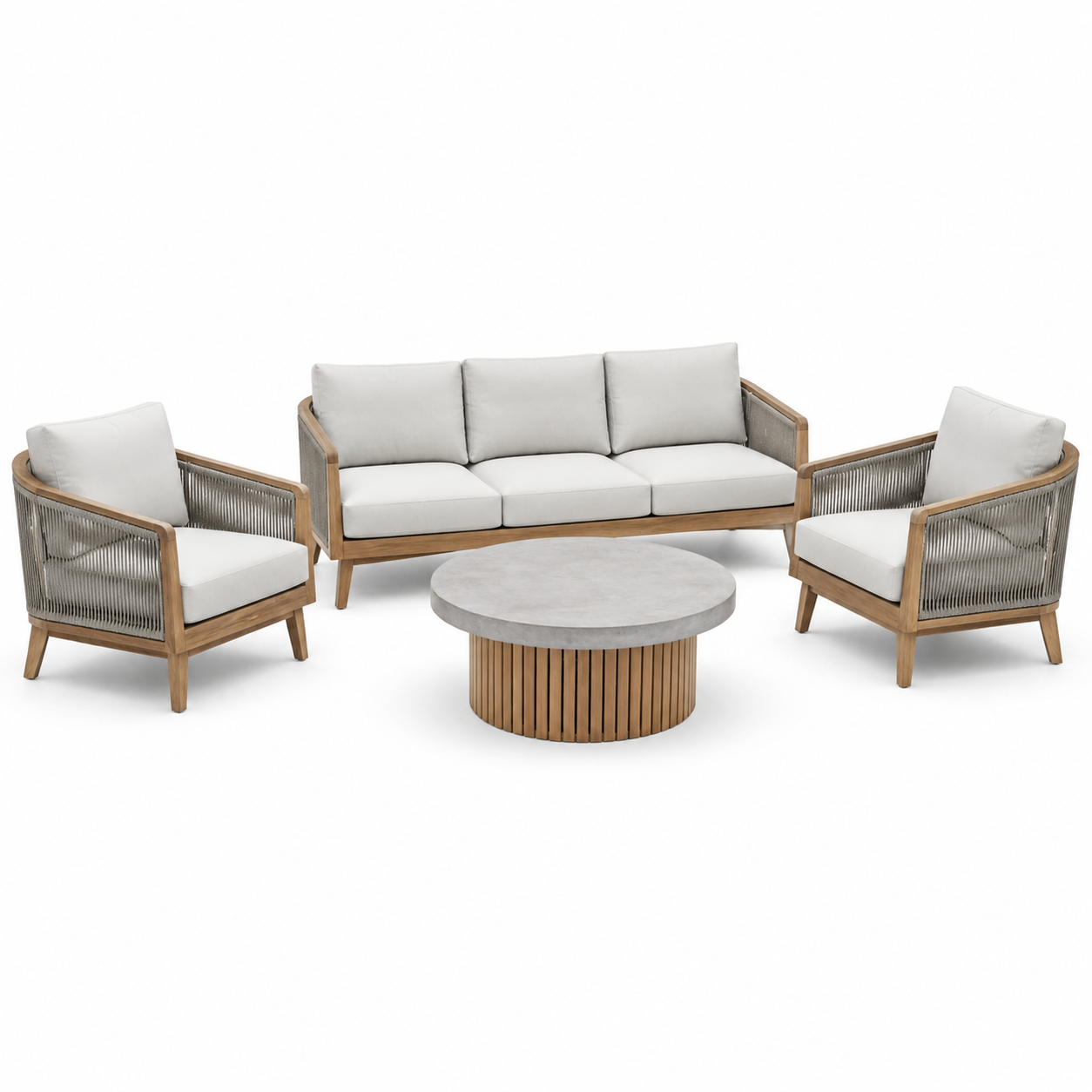Ensemble de mobilier extérieur en bois et corde avec table en résine grise