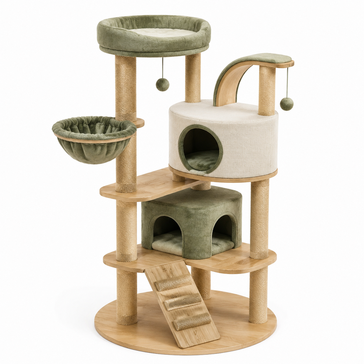 Arbre à chat en bois avec coussins en polyester vert et écru