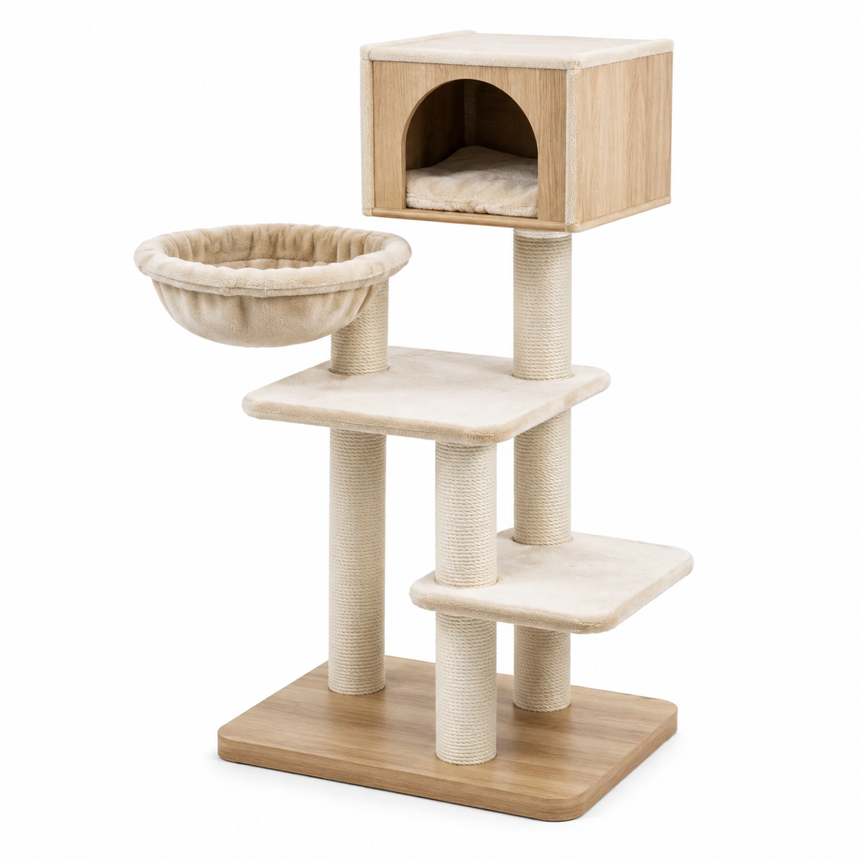 Arbre à chat en bois avec corde en sisal et tissu beige