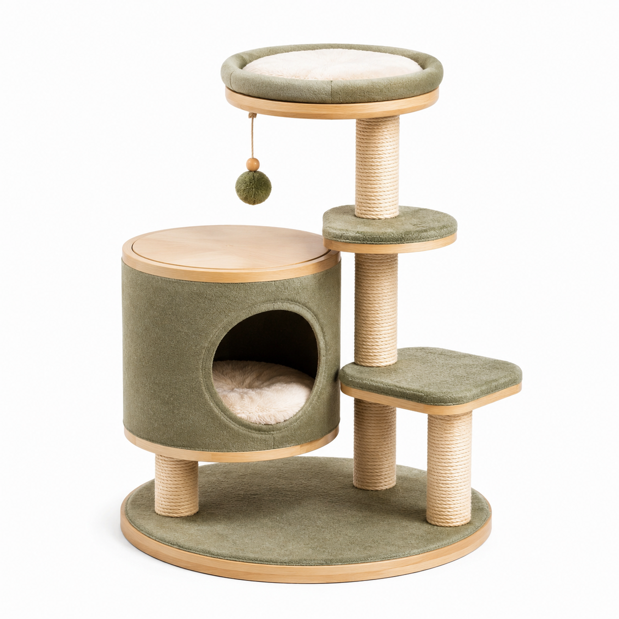 Arbre à chat en bois et sisal avec plateformes vertes
