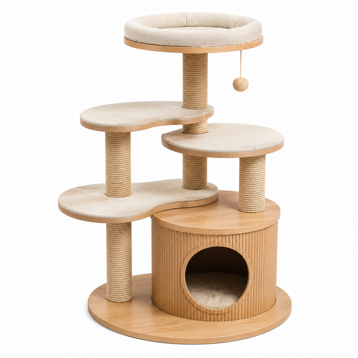 Arbre à chat en bois avec plateformes en sisal et coussins en polyester beige