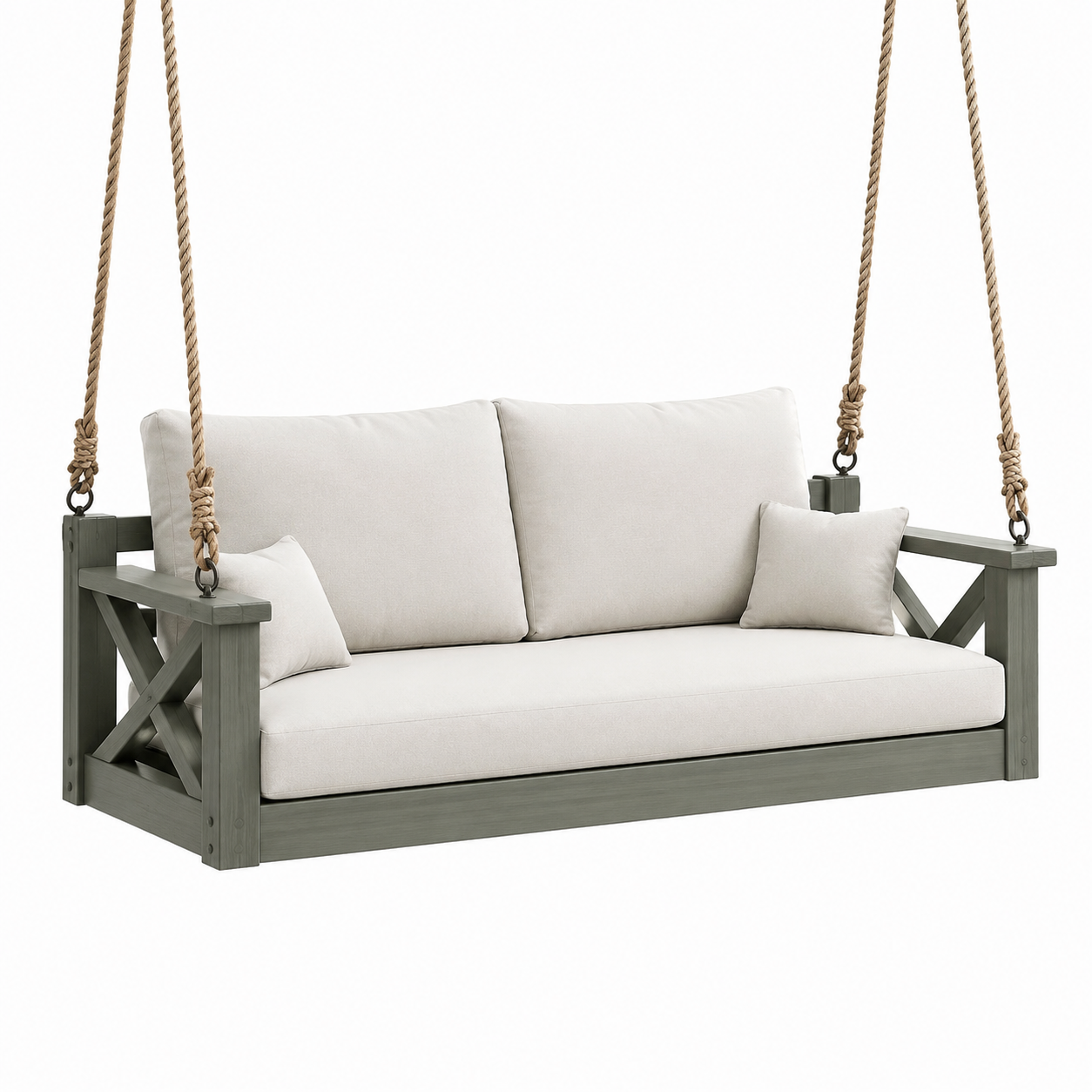 Balancelle en bois avec coussins en polyester crème
