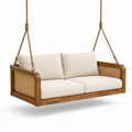 Balancelle en teck et rotin avec coussins en lin beige