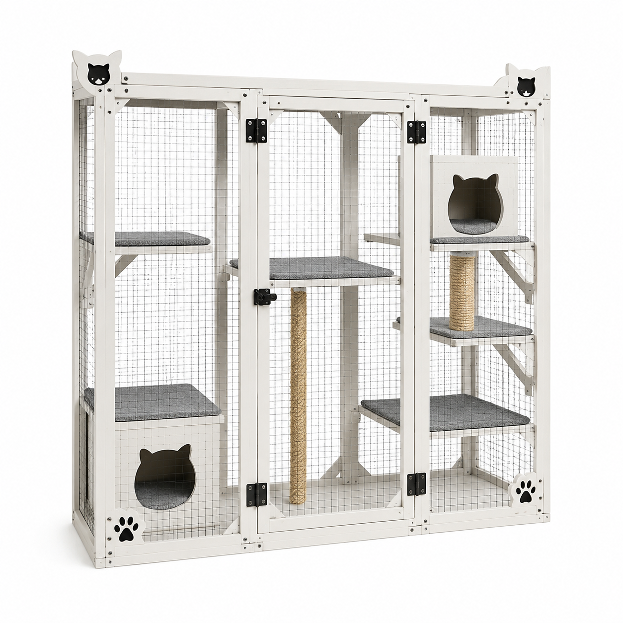 Enclos pour chat en bois avec plateformes en tissu et griffoirs en sisal - Blanc et Gris