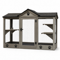 Enclos pour chat en bois avec toit en asphalte et étagères métalliques gris