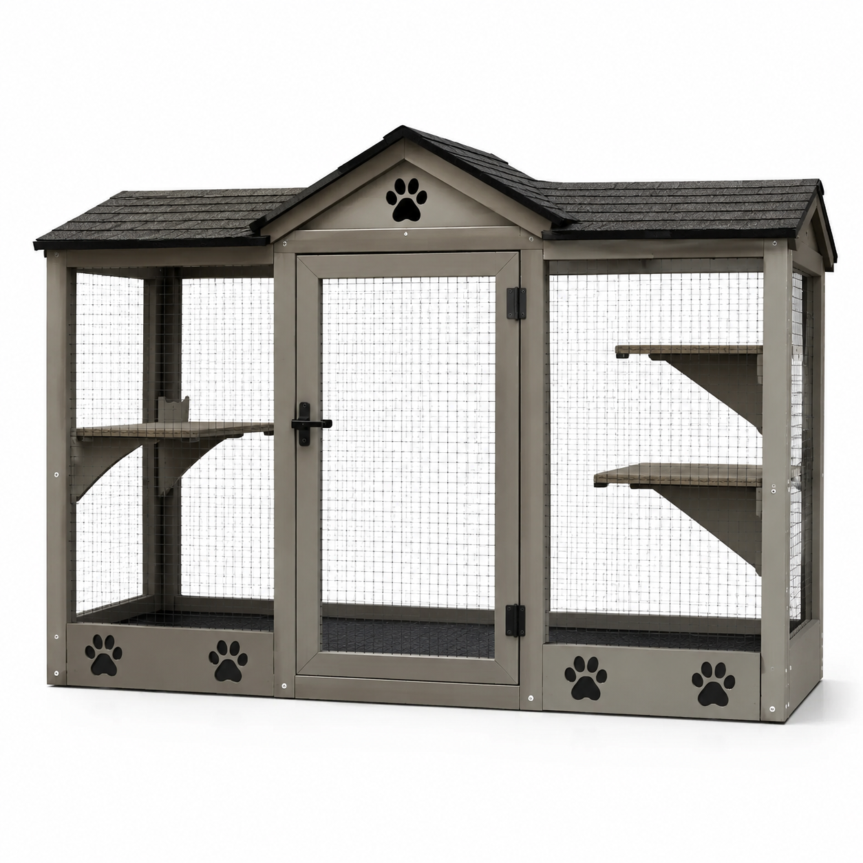 Enclos pour chat en bois avec toit en asphalte et étagères métalliques gris