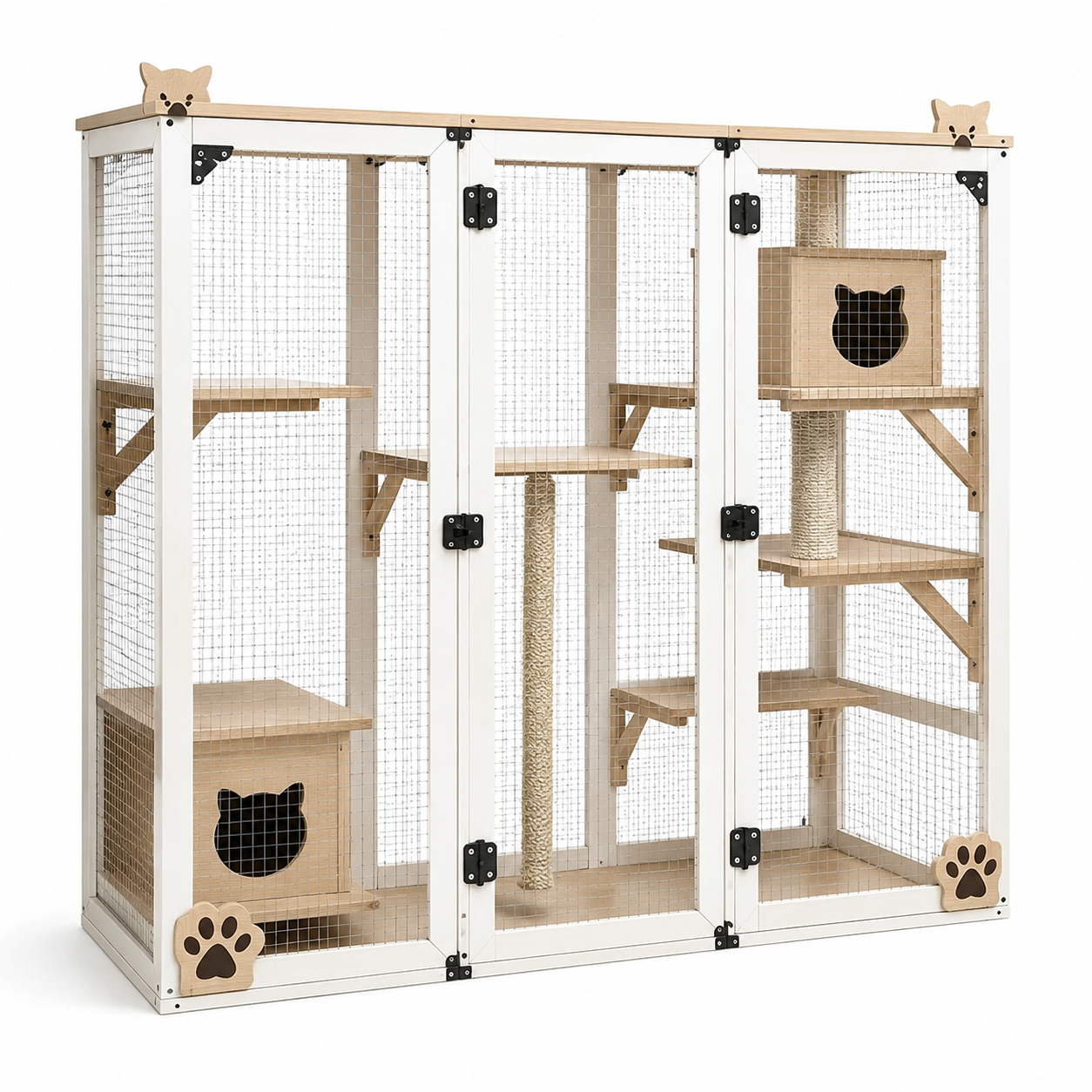Enclos pour chat en métal et bois avec plateformes
