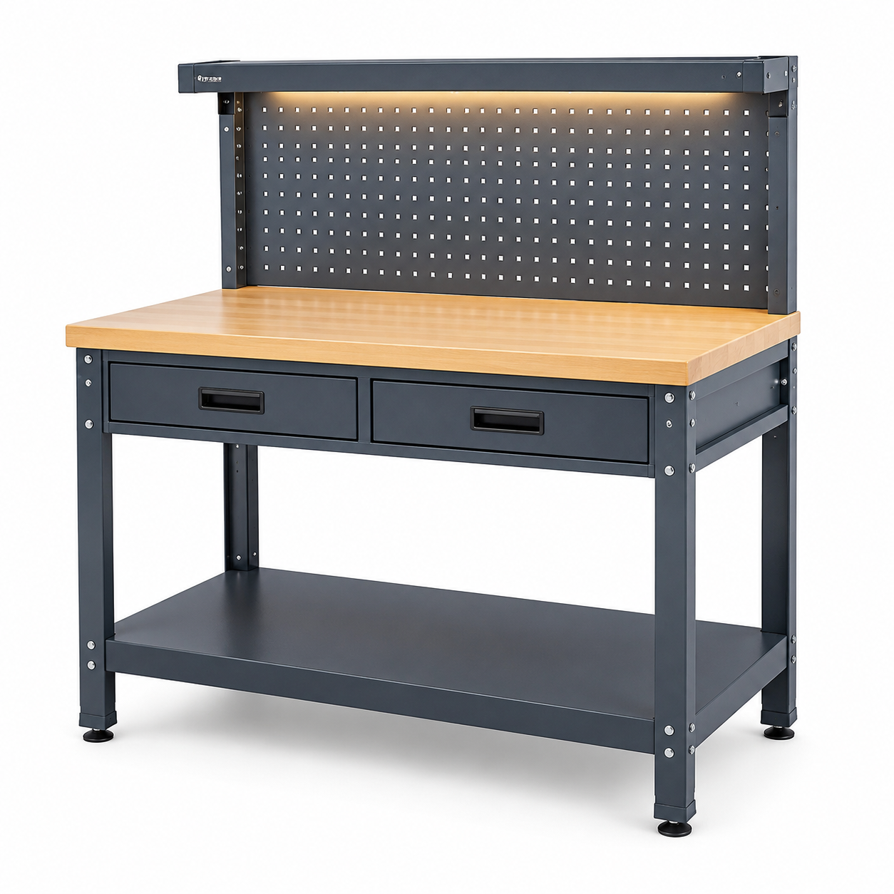 Établi en bois et métal avec panneau perforé et éclairage LED