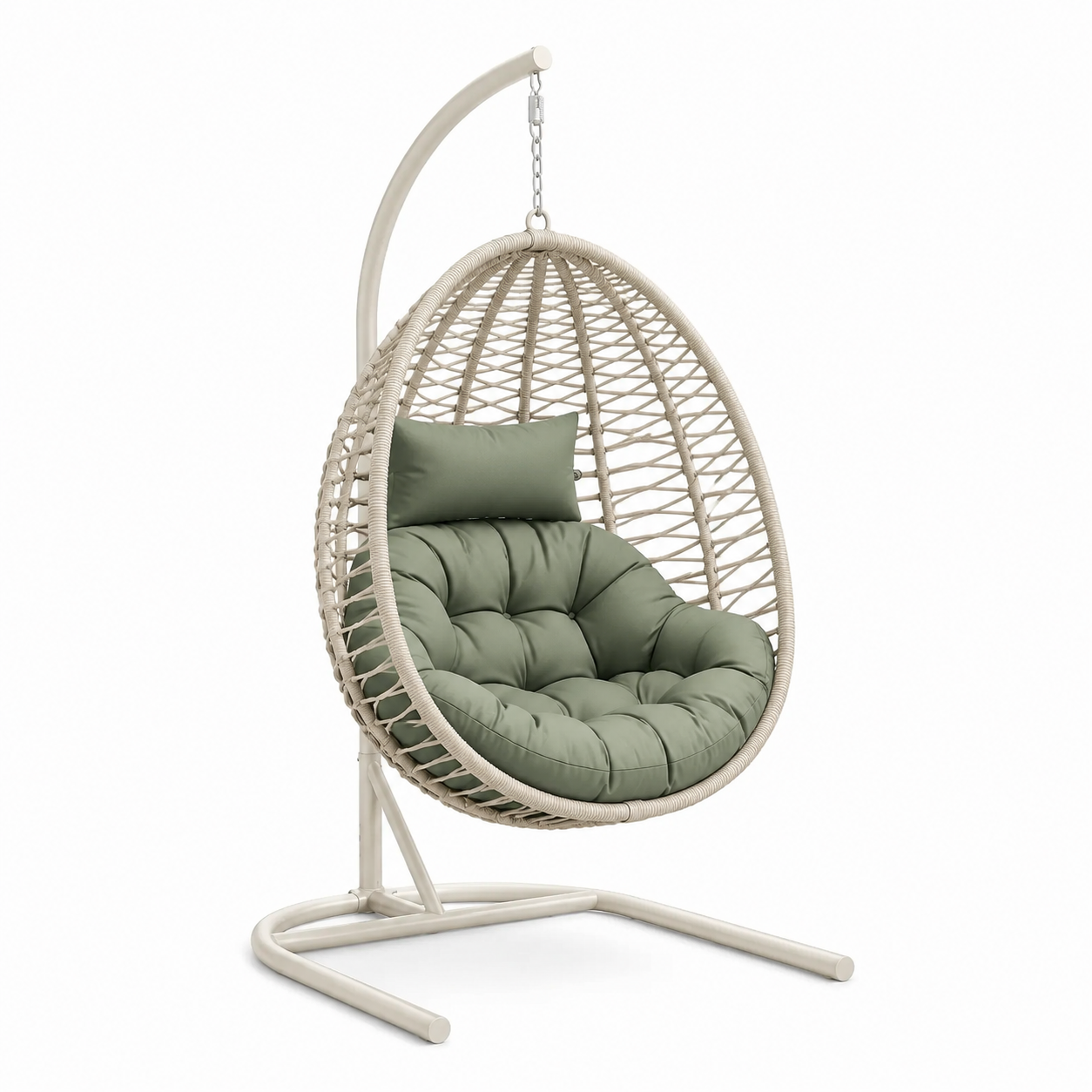 Chaise suspendue en rotin synthétique beige avec coussin vert