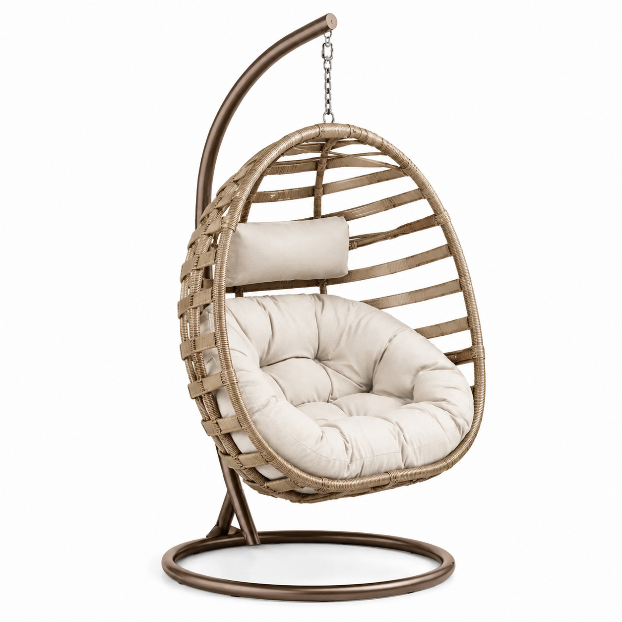 Fauteuil suspendu en rotin synthétique avec coussin polyester beige