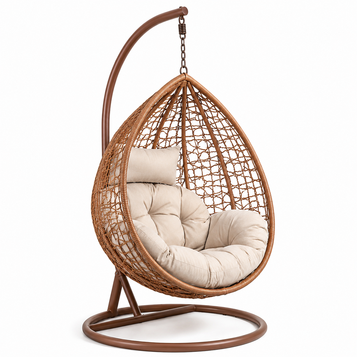 Chaise à suspendre en rotin avec coussin beige et support en métal